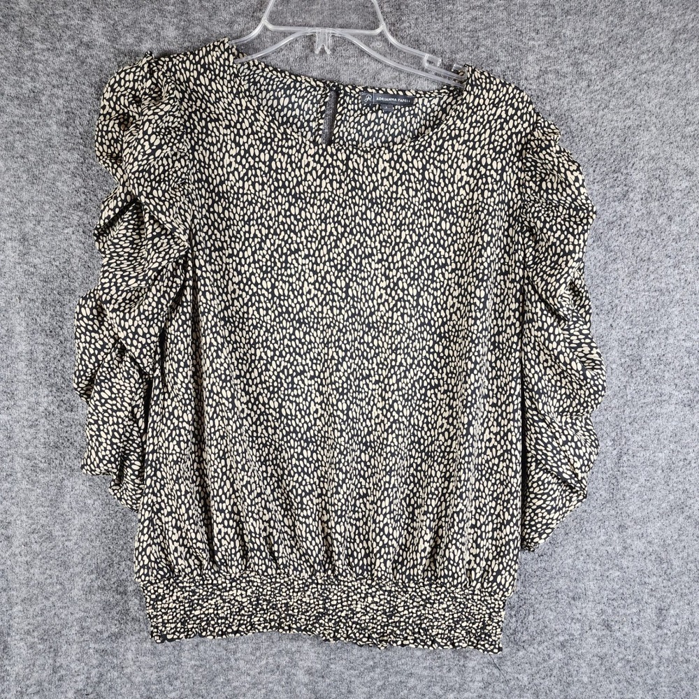 Adrianna Papell Blouse Womens S Puff Ruffle Sleeve Black Tan Dot Smocked EUC